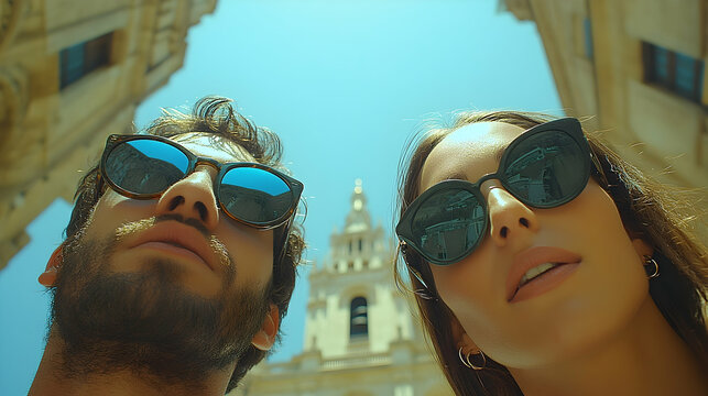 Young couple exploring city summer travel urban adventure low angle view