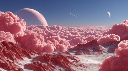 Surreal alien landscape with pink clouds snow capped mountains and distant moons