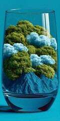 A miniature mountain landscape with lush green trees and fluffy clouds inside a clear glass