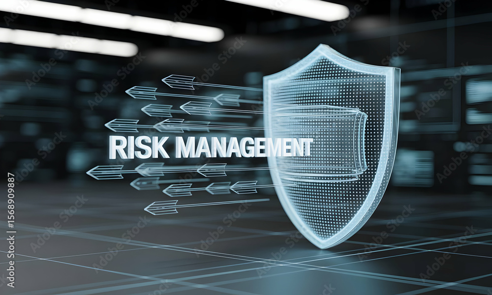 Poster digital shield protecting from arrows labeled ?risk management? in a data center, symbolizing securi