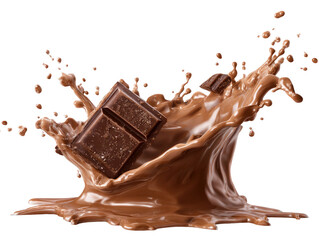 Fototapeta premium Chocolate bar falling into a chocolate splash on transparent background