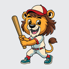 Cute Lion baseball player smiling confidently while holding a bat in cartoon illustration