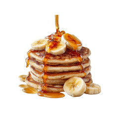 Delicious Stack of Pancakes with Banana Slices and Drizzled Maple Syrup