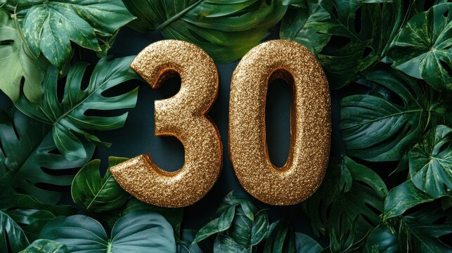 Gold 30th birthday celebration surrounded by lush tropical leaves