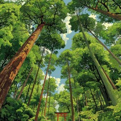Towering green trees reach towards a blue sky with clouds a red torii gate visible in the distance