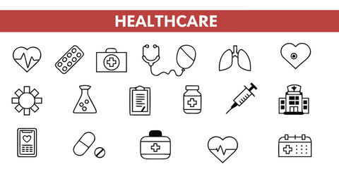 Healthcare Icons Set in Black and White with Red Header