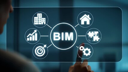 Person Touching Blue Digital Screen with Bim Icons for Building Information Modeling and Construction Management with Futuristic Design and Technology