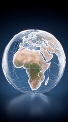 A luminous transparent globe displaying continents with a bright connected network of dots