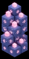 Abstract geometric arrangement of glowing blue cubes with pink cubic lights against a black background