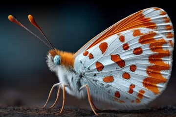 Detailed macro shot of a white butterfly with orange spots and feathered antennae