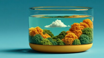 Miniature landscape within a glass container featuring green and yellow foliage under a single cloud