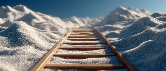 Railroad tracks disappear into snow covered hills under a clear blue sky
