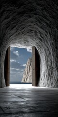 Open wooden cave doors revealing a majestic rock island in a calm blue ocean under a cloudy sky
