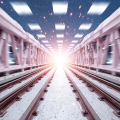 Train tracks stretching into a bright tunnel with glowing lights and starry sky