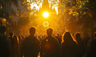 Golden Hour Crowd: Silhouetted Figures Walking Towards Sunlit Ca