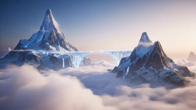 mountains in the snow with mistical bridge 