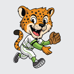Cute Jaguar in a baseball uniform running joyfully with a glove in cartoon illustration