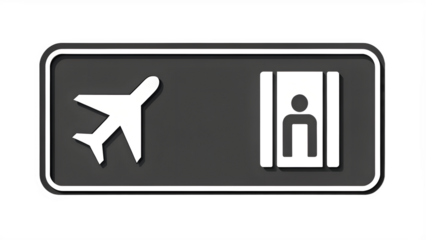 A dark grey airport sign with white icons of an airplane and an elevator, isolated on transparent background
