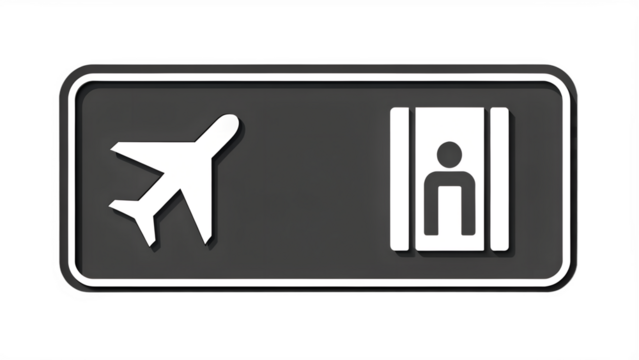 A dark grey airport sign with white icons of an airplane and an elevator, isolated on transparent background