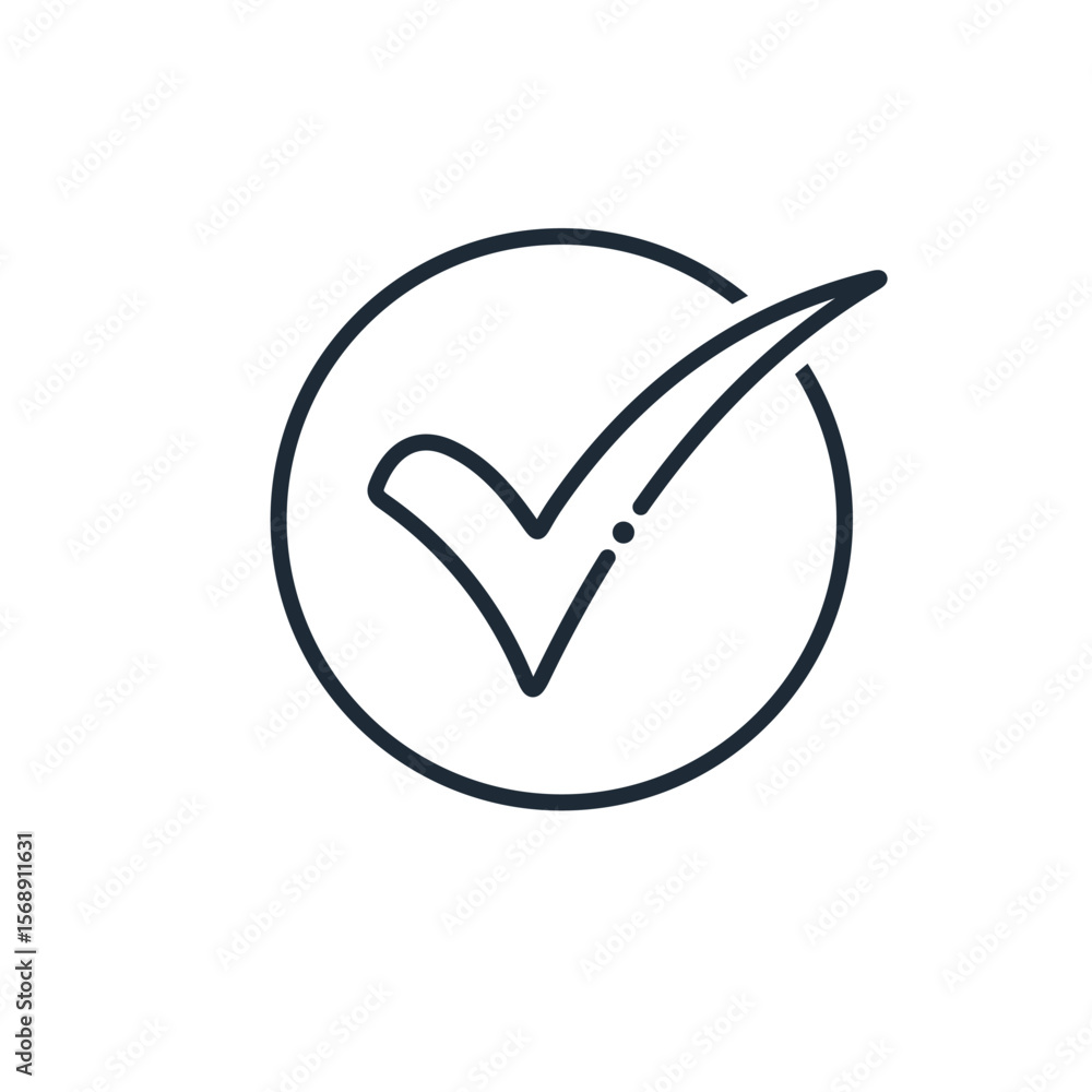 Poster round button сheck. approved. vector linear icon illustration isolated on white background.