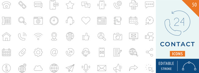 Contact icon collection set. Editable stroke.