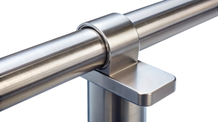 Closeup view of a shiny stainless steel pipe fitting isolated on transparent background, showcasing its precise engineering and industrial design