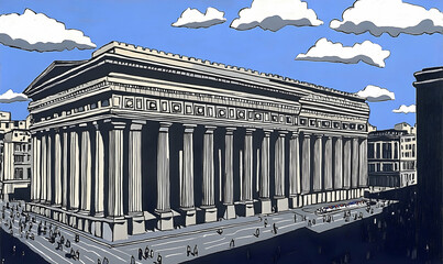 Graphic illustration of a classical building with columns and pe