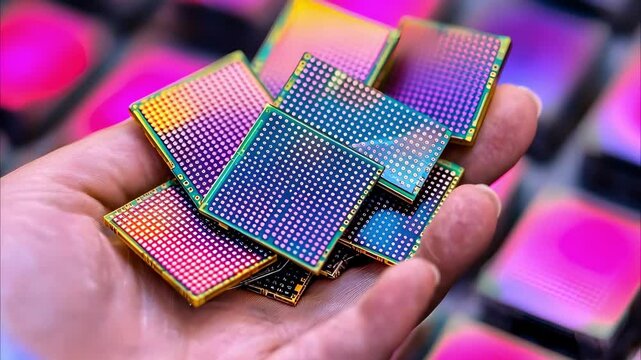 A hand holding multiple colorful computer chips or microprocessors arranged in a stack.