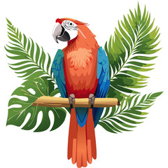 Macaw parrot sitting on a branch with palm leaves color vector illustration. Image of exotic bird on isolated background.