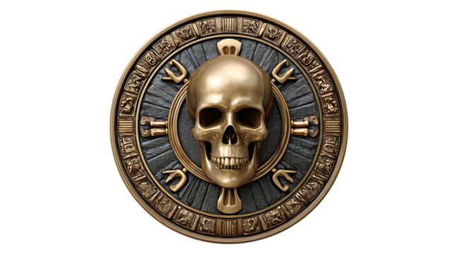 Intricate golden skull emblem with ancient aztec calendar motifs isolated on transparent background