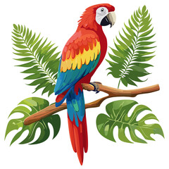 Macaw parrot sitting on a branch with palm leaves color vector illustration. Image of exotic bird on isolated background.