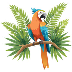 Macaw parrot sitting on a branch with palm leaves color vector illustration. Image of exotic bird on isolated background.