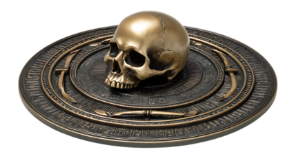 Ornate bronze skull resting on a circular ancient hieroglyphic disc with decorative elements isolated on transparent background
