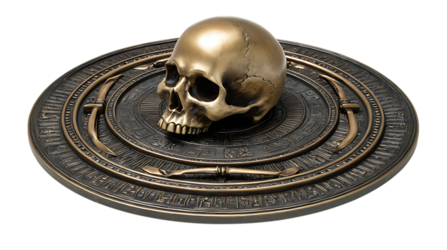Ornate bronze skull resting on a circular ancient hieroglyphic disc with decorative elements isolated on transparent background