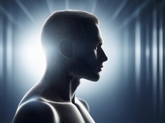 Obraz premium Conceptual side-profile silhouette of a human merged with organic elements like trees and veins. Artistic representation on a minimal background with surreal or anatomical style.