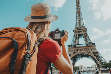 Traveler photographing iconic landmark sunny day