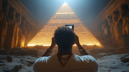 Person photographing illuminated pyramid structure ancient setting