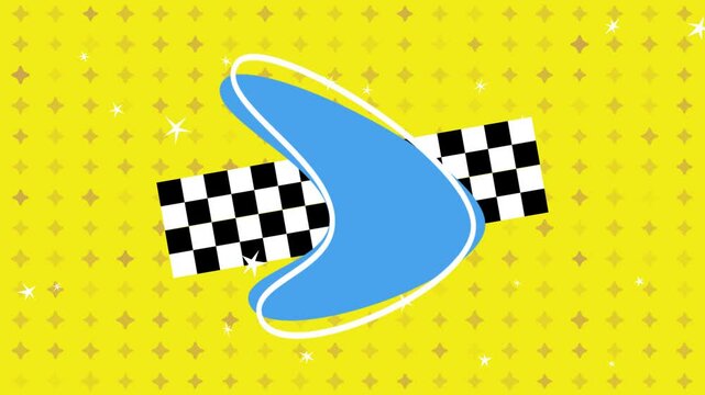 Vibrant Retro-Style Graphic with Checkered Flag and Boomerang Shape