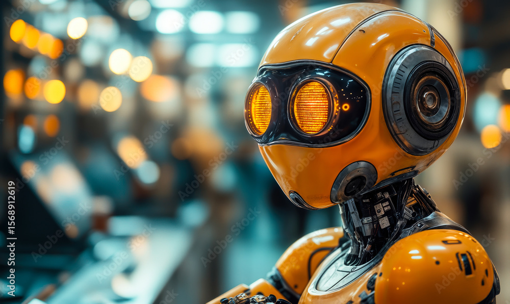 Aufkleber close-up of futuristic orange robot with glowing eyes and detailed mechanical parts in blurred tech 