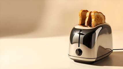 Toaster with slices of bread, Fresh toast in stainless toaster, Morning breakfast scene with toast

