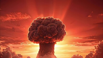 A dramatic explosion with a mushroom cloud and bright beams of light against a fiery sunset sky. - Powered by Adobe