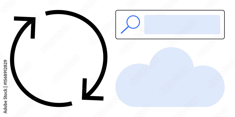 Poster refresh symbol, search bar, and cloud icon emphasize data synchronization, cloud storage, browsing. 