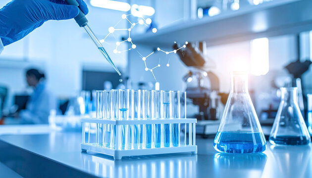 Molecular experiment in high-tech lab, gloved hands handling pipette over chemical samples.