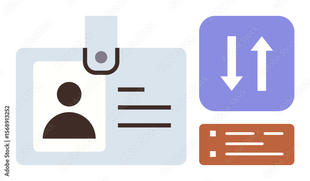 Poster identification badge icon with user profile, upward and downward arrows, and text module. ideal for 