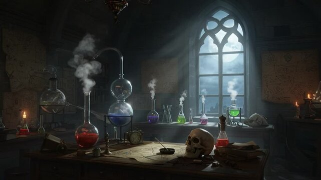 Mysterious alchemy lab with colorful potions brewing