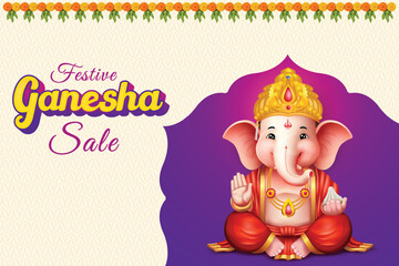 Lord Ganesha Sitting Purple And Ivory Color Background With Flower Border. Ganesha Chaturthi Festival Sale Celebration For Greeting Card, Invitation, E-commerce Banners.