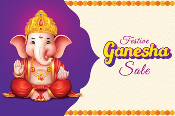 Lord Ganesha Sitting Purple And Ivory Color Background With Flower Border. Ganesha Chaturthi Festival Sale Celebration For Greeting Card, Invitation, E-commerce Banners.