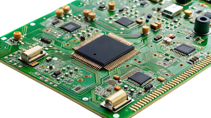 Obraz premium A green circuit board with a central processor chip, isolated on transparent background