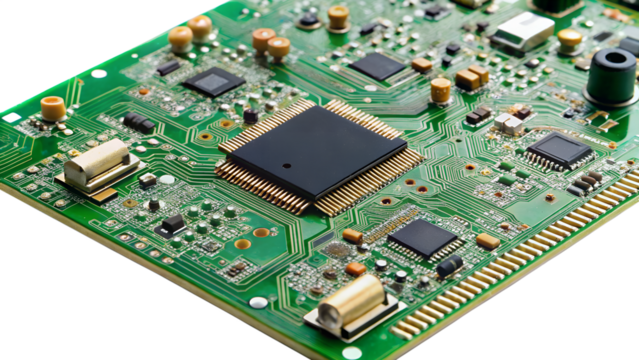 A green circuit board with a central processor chip, isolated on transparent background