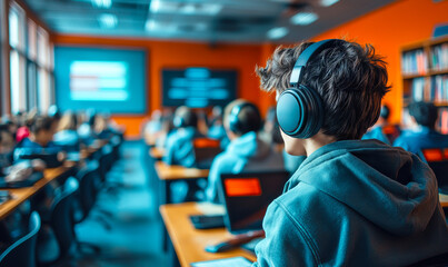 Student wearing headphones attending a technology-enabled classroom with laptops and digital screens in modern school setting focused on e-learning and multimedia education tools